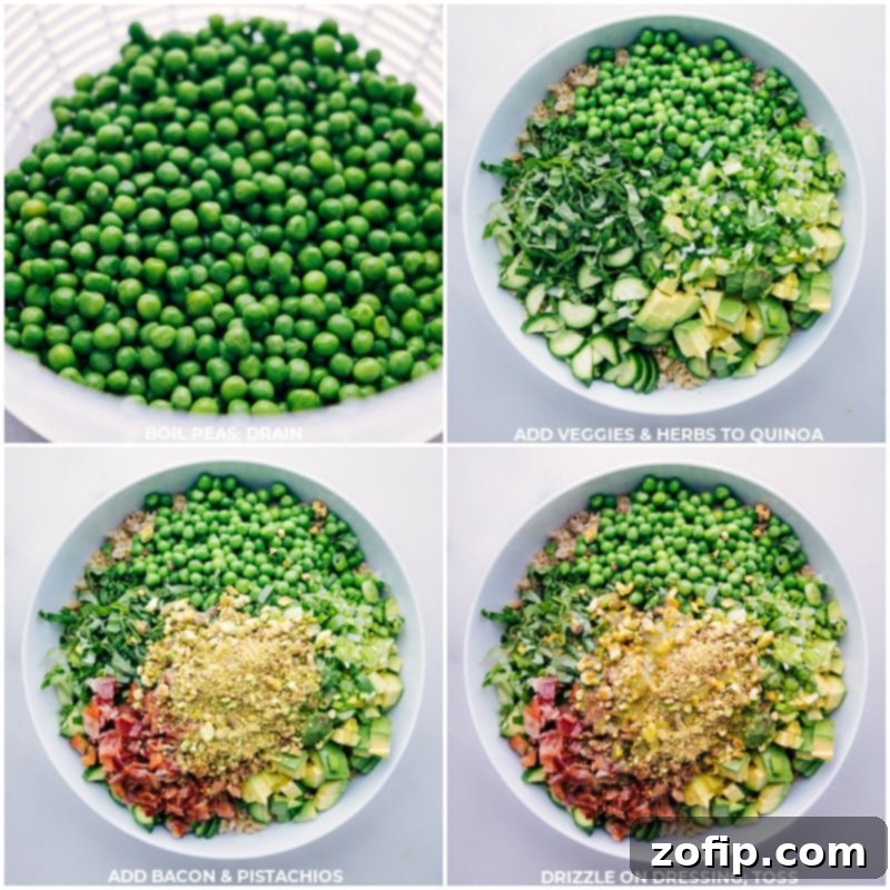 Process shots showing peas being boiled and drained, followed by the complete salad being tossed in a large bowl.