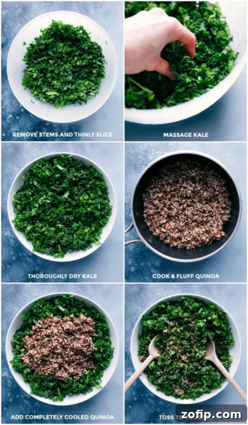 Process shots showing how to prepare kale and quinoa for the salad: slicing kale, massaging it, drying it, cooking quinoa, and combining ingredients.