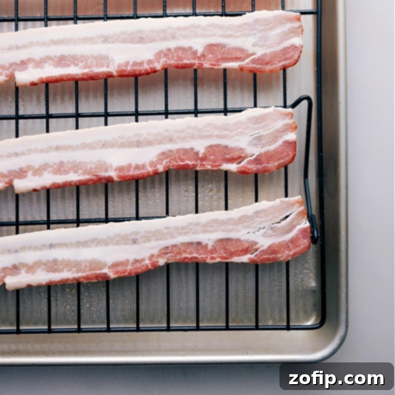 Process shots showing strips of bacon arranged on a tray with a cooling rack