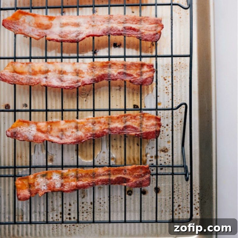 Process shots of baked bacon fresh out of the oven