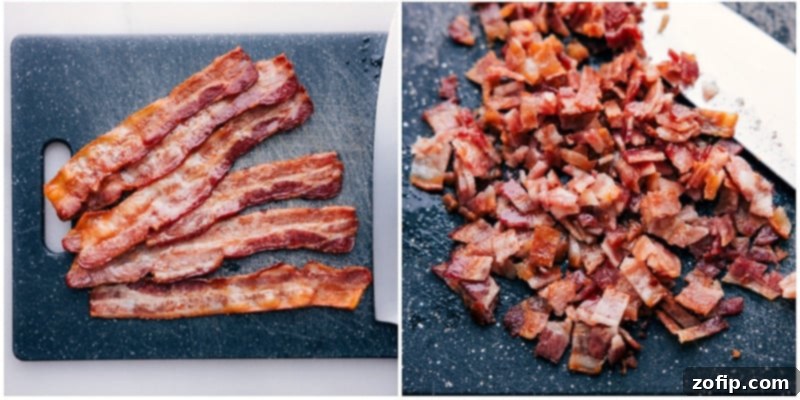 Process shots of crispy bacon being chopped on a cutting board
