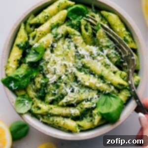 Close-up of freshly made Pesto Pasta in a bowl, ready to serve.