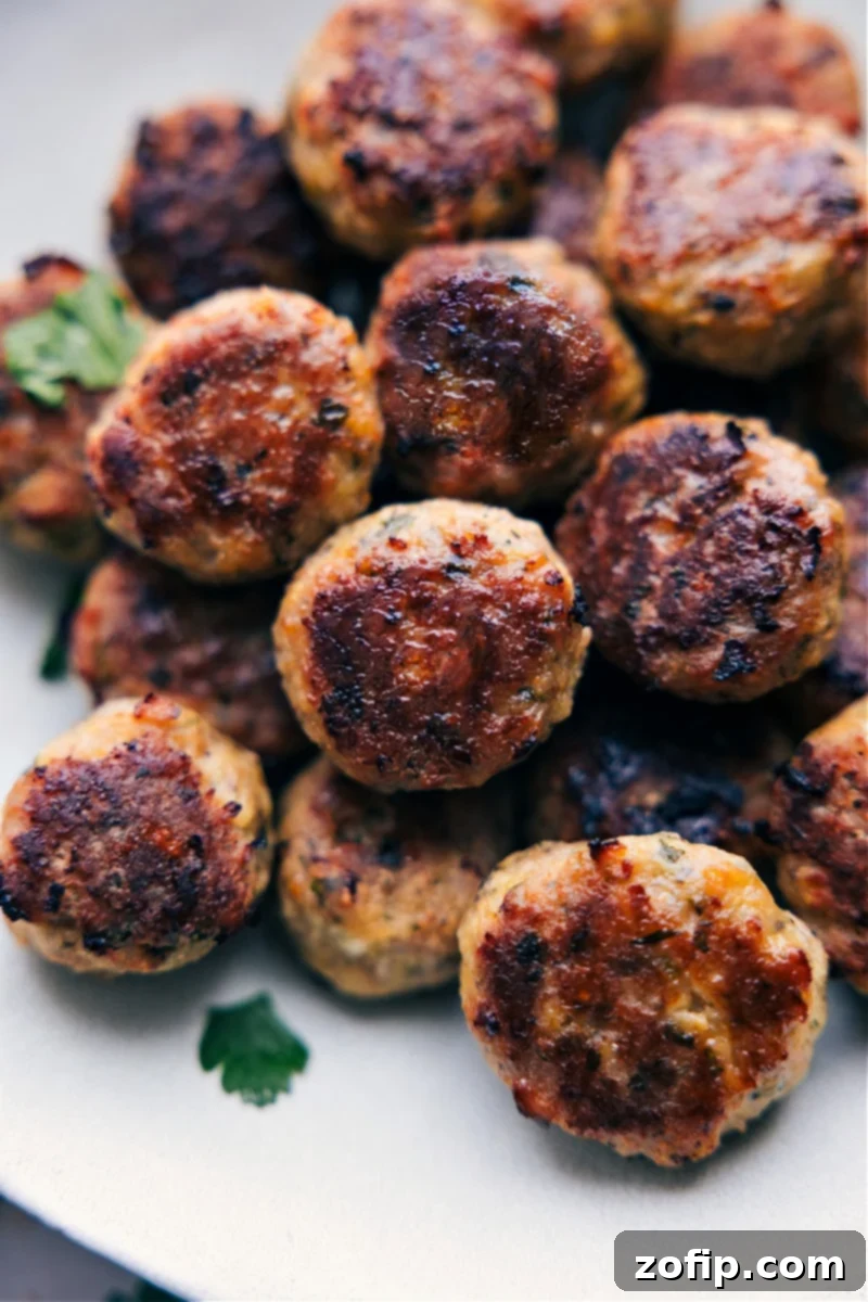 Delicious Oven-Baked Chicken Meatballs: A flavorful, healthy, and easy weeknight dinner idea. Golden brown oven-baked chicken meatballs artfully arranged on a plate, ready to be served and enjoyed with garnishes.