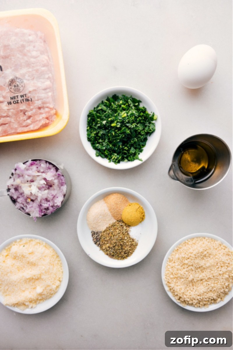 Key ingredients for preparing flavorful and healthy baked chicken meatballs from scratch. All the fresh ingredients for homemade chicken meatballs laid out neatly on a wooden kitchen counter, including ground chicken, panko, parmesan, and fresh herbs.