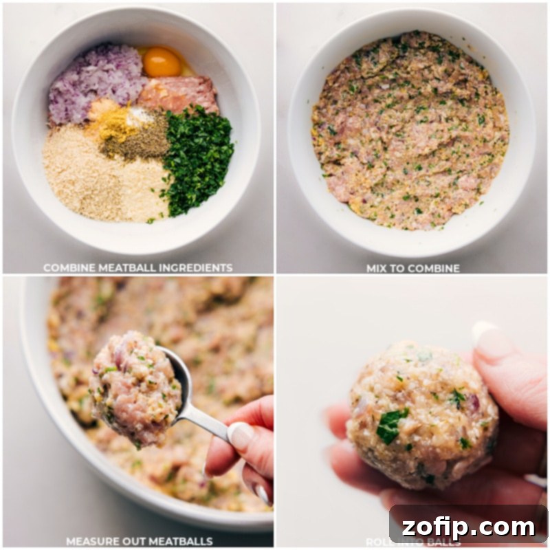 Visual guide: Mixing ingredients and forming chicken meatballs for baking. A step-by-step visual guide showing ingredients being mixed in a bowl and then perfectly rolled chicken meatballs on a baking sheet before baking.
