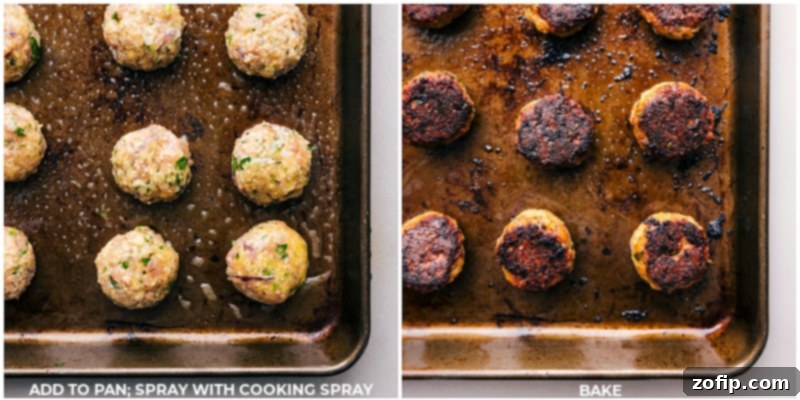 Freshly baked chicken meatballs on a pan, perfect for a quick and nutritious meal. A baking sheet filled with perfectly golden-brown chicken meatballs, freshly baked and ready to be served from the oven.