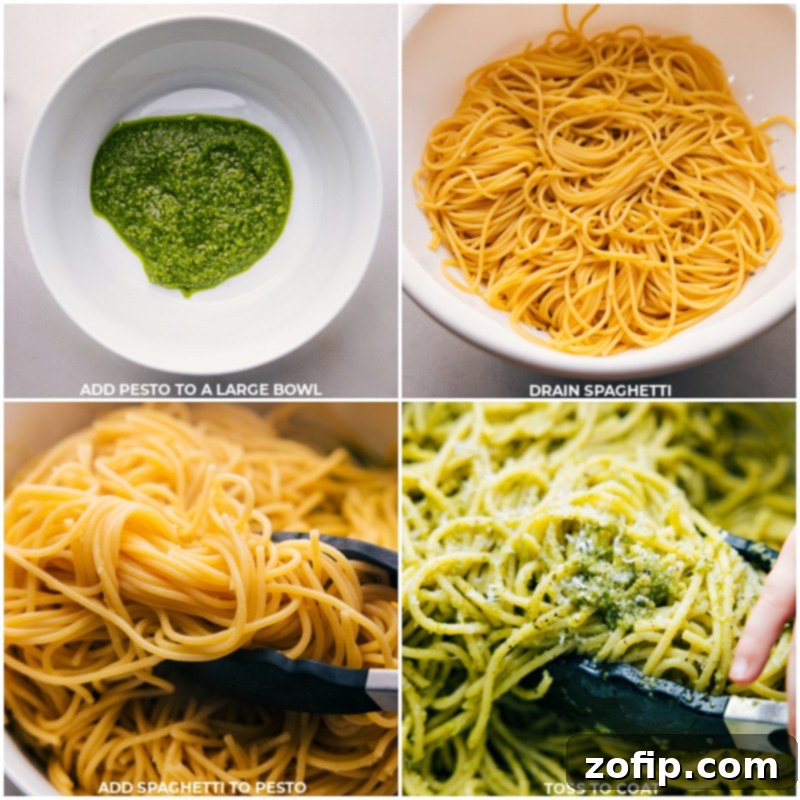 Preparing fresh pesto pasta as a perfect complement to chicken meatballs. Images of the Pesto Pasta being prepped as a vibrant green base for the chicken meatballs, with fresh basil and parmesan visible.
