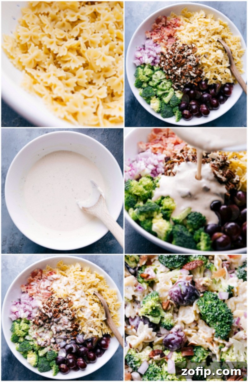 Assembling Broccoli Grape Pasta Salad: Cooking, Mixing, and Dressing Close-up, overhead shot of hands mixing fresh ingredients, including brightly colored broccoli florets, halved red grapes, perfectly cooked farfalle pasta, finely diced red onion, and crunchy toasted pecans, in a large, clear mixing bowl before the creamy dressing is poured in to create the Broccoli Grape Pasta Salad.