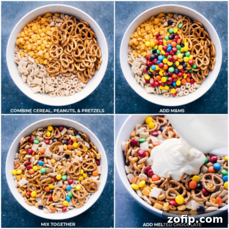 White Chocolate Chex Mix: Cereal, Pretzels, Peanuts, M&M's, Coated in White Chocolate. Recipe via ChelseasMessyApron #dessert #best #quick #easy #simple #m&ms #familyfriendly #kidfriendly #pretzels #cereal #whitechocolate #snackmix Process shots illustrating the final mixing step where cereals, peanuts, pretzels, and M&M's are coated with melted white chocolate, demonstrating thorough and even distribution.