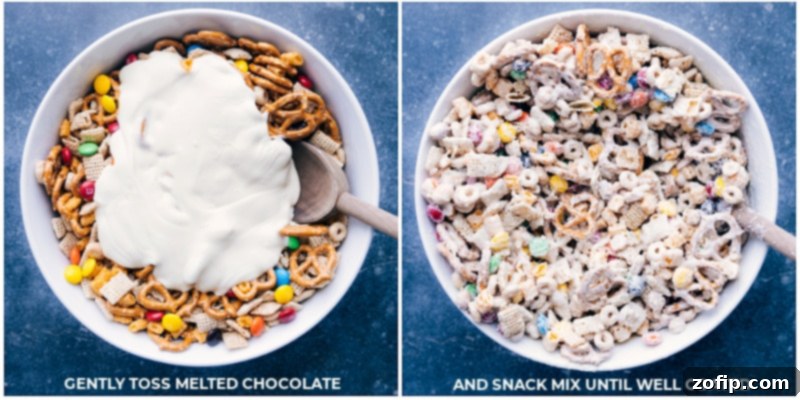 Perfectly Coated White Chocolate Chex Mix: The Most Amazing Sweet and Salty Snack. Recipe via ChelseasMessyApron #dessert #best #quick #easy #simple #m&ms #familyfriendly #kidfriendly #pretzels #cereal #whitechocolate #snackmix Process shots showing the complete mixture of cereals, pretzels, peanuts, and M&M's thoroughly coated with melted white chocolate, ready for spreading and setting.