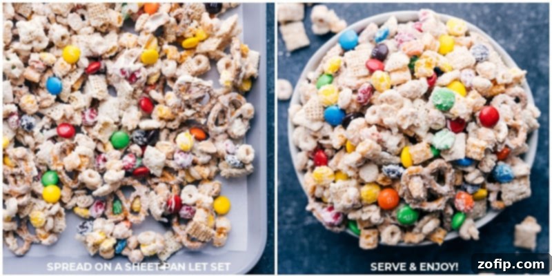 Setting White Chocolate Chex Mix: Cereal, Pretzels, Peanuts, M&M's, Coated in White Chocolate. Recipe via ChelseasMessyApron #dessert #best #quick #easy #simple #m&ms #familyfriendly #kidfriendly #pretzels #cereal #whitechocolate #snackmix Process shots showing the freshly coated White Chocolate Chex Mix spread evenly on a sheet pan, ready to cool and set.