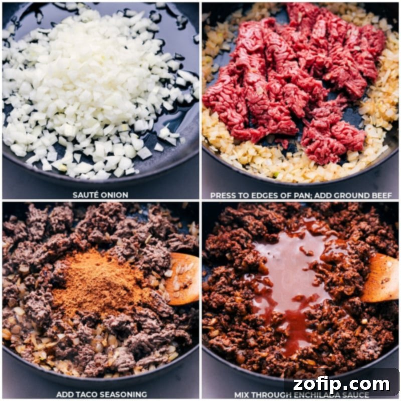 Step-by-step images showing diced onions sautéing, ground beef browning in a skillet, and taco seasoning and enchilada sauce being added to the beef mixture.