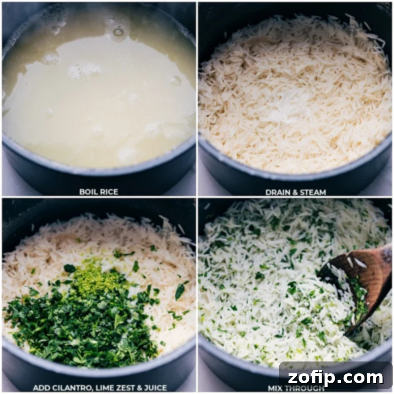 Process shots of making cilantro-lime rice: cooked rice in a pot, with fresh cilantro, lime zest, and lime juice being added and stirred in.
