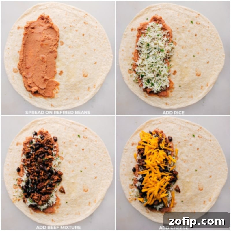 Step-by-step images showing the process of layering rice, beef, beans, and cheese into a flour tortilla for a beef burrito.