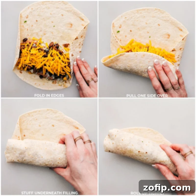 Process shots demonstrating how to properly fold and roll a beef burrito for a tight, secure wrap.