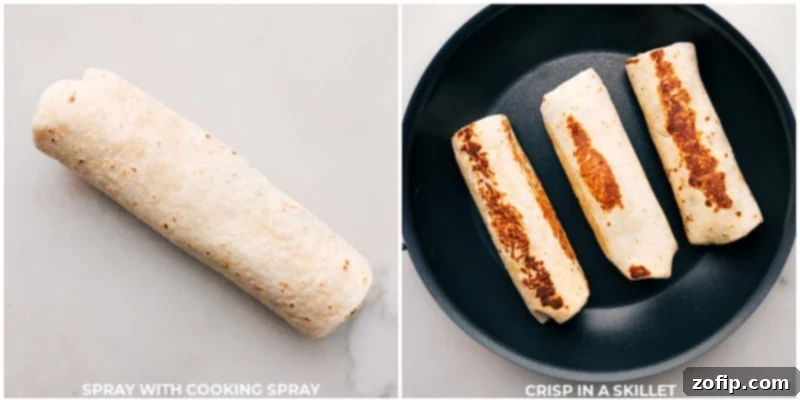 Process shot of a beef burrito being cooked on a skillet, showing a crispy golden-brown tortilla.