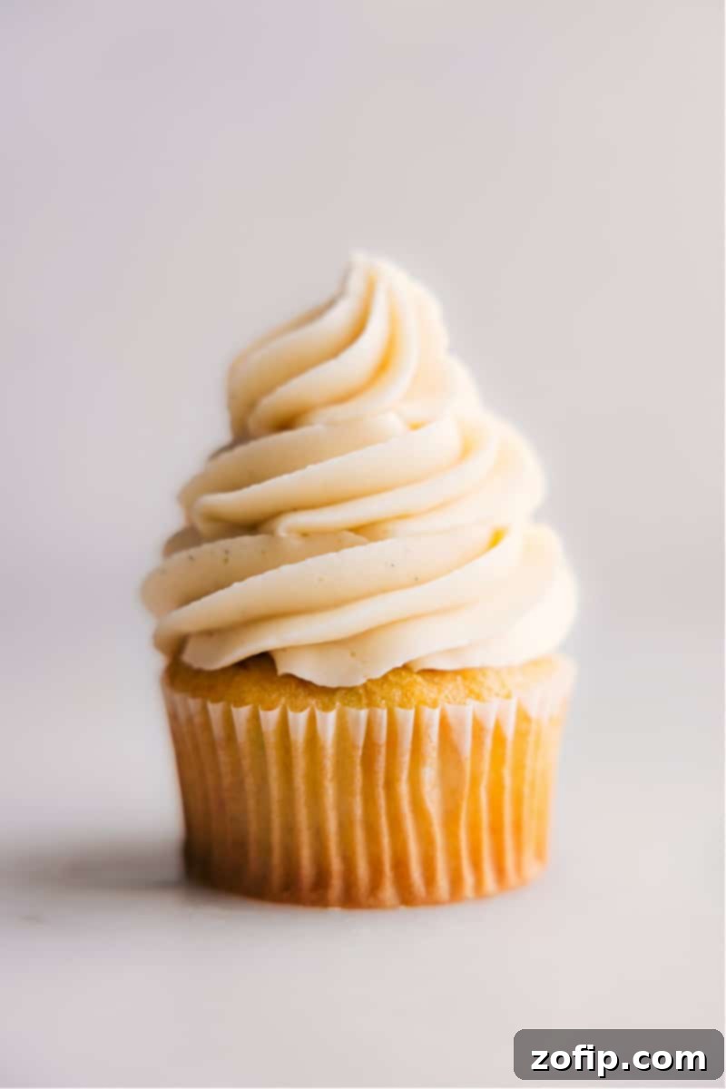 A perfectly piped cupcake topped with creamy Vanilla Frosting, ready to be enjoyed.