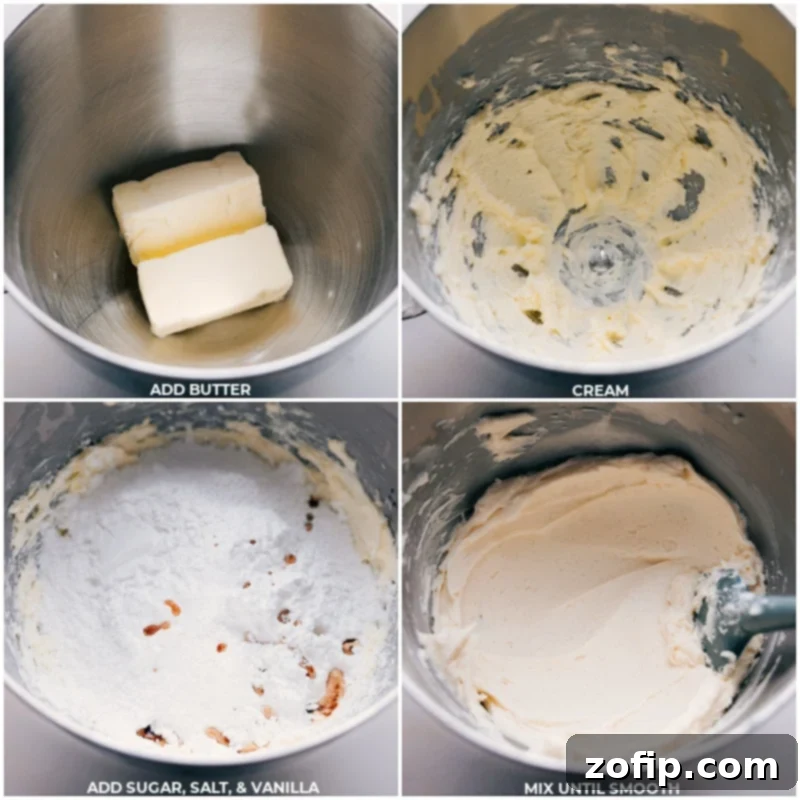 Close-up shot of unsalted butter, powdered sugar, heavy cream, vanilla extract, and a pinch of salt being creamed together in a mixing bowl.