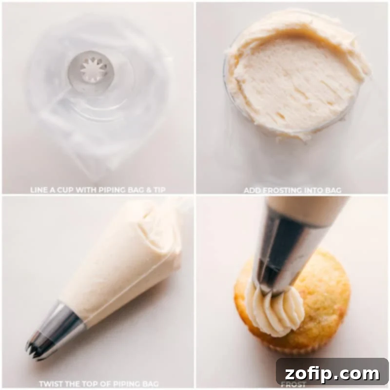 Vanilla Frosting being carefully loaded into a piping bag, ready for decorating cupcakes or cakes.