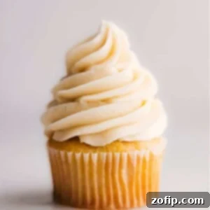 Image of a finished cupcake topped with luscious vanilla frosting.