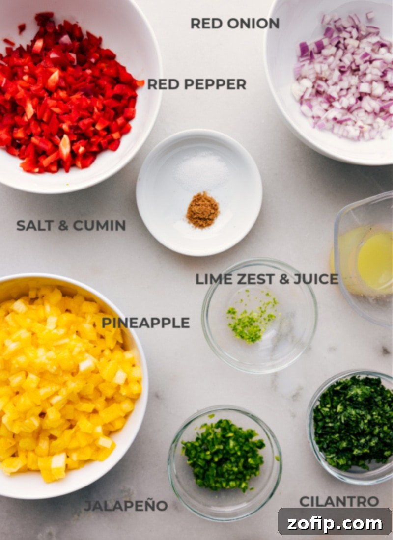 A colorful array of fresh ingredients for pineapple salsa, including a whole pineapple, red onion, red bell pepper, fresh cilantro, jalapeño, limes, ground cumin, and sea salt.