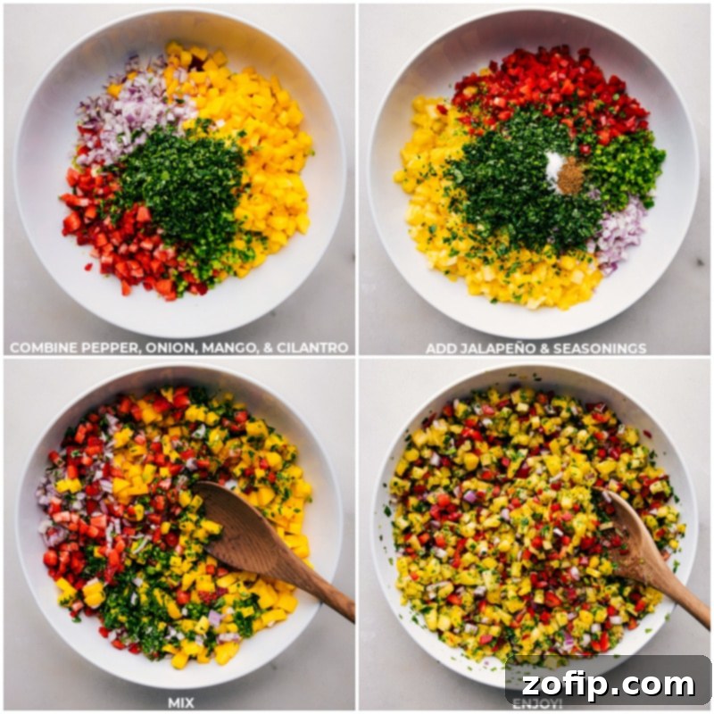 Step-by-step imagery showing diced pineapple, red pepper, jalapeño, and red onion being combined in a large bowl, followed by adding lime juice, lime zest, cumin, and salt, and then gently mixing for delicious pineapple salsa.