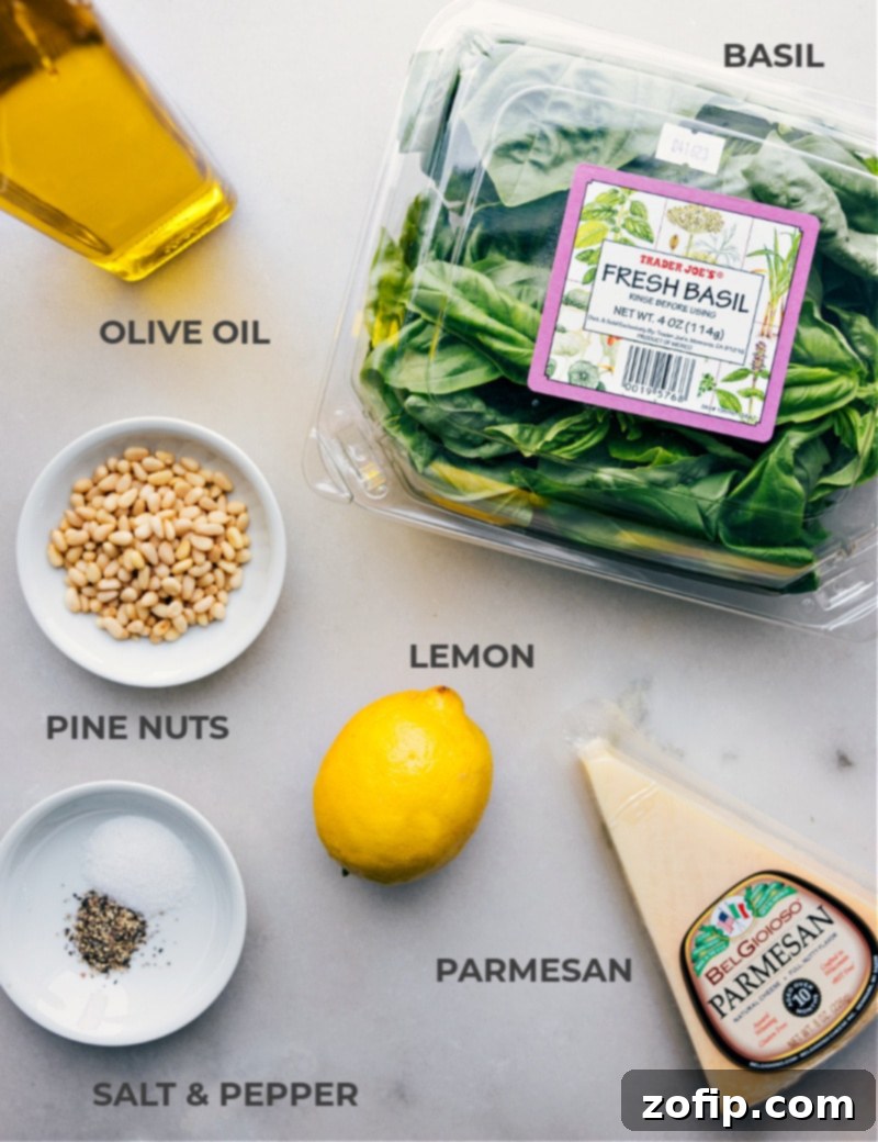 A beautiful flat lay photograph showcasing all the fresh and high-quality ingredients for the Pesto Recipe, including vibrant basil leaves, golden pine nuts, a bottle of olive oil, a block of Parmesan cheese, a fresh lemon, and a pinch of salt and pepper.