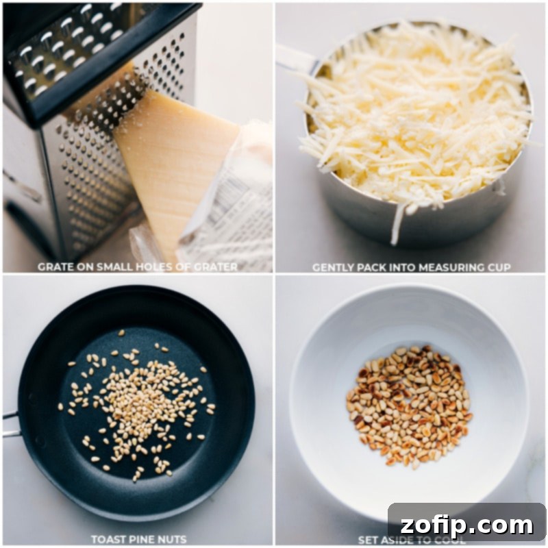 Process shots showing finely grated Parmesan cheese and pine nuts toasting in a small pan, highlighting key preparatory steps for making pesto.