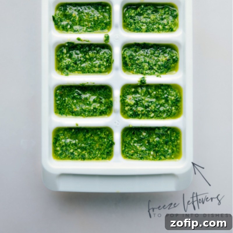 Image demonstrating how to store leftover Pesto Recipe, showing a jar of pesto covered with a layer of olive oil and ice cube trays filled with frozen pesto cubes.