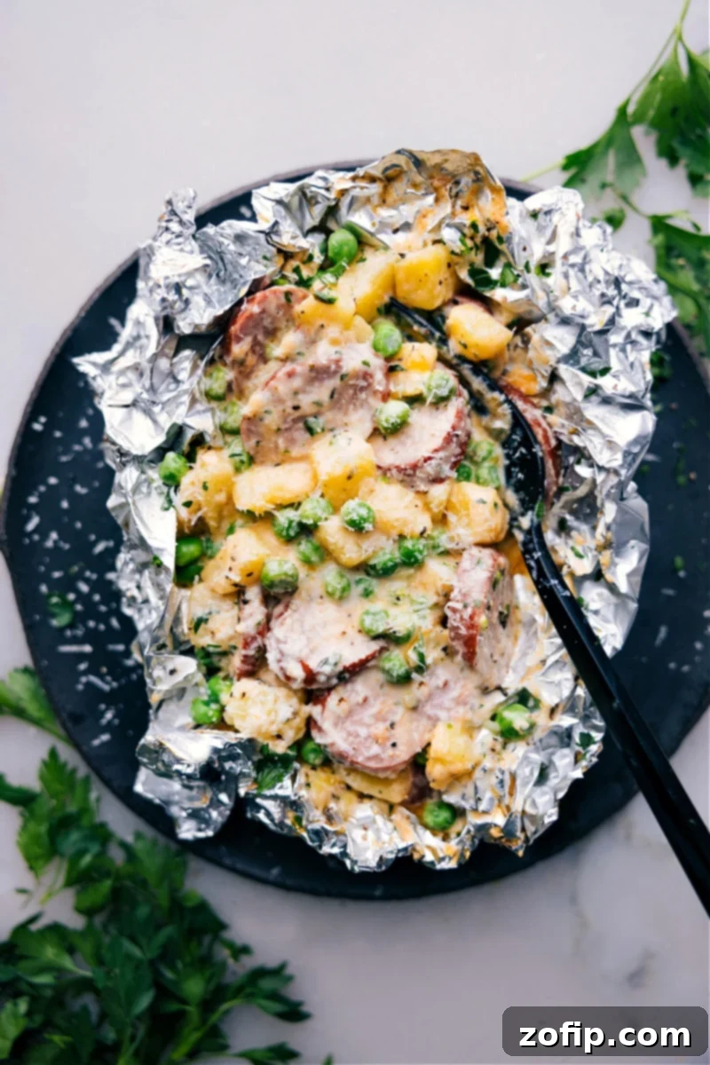 Overhead image of the Creamy Sausage and Potato Foil Packs, ready to eat