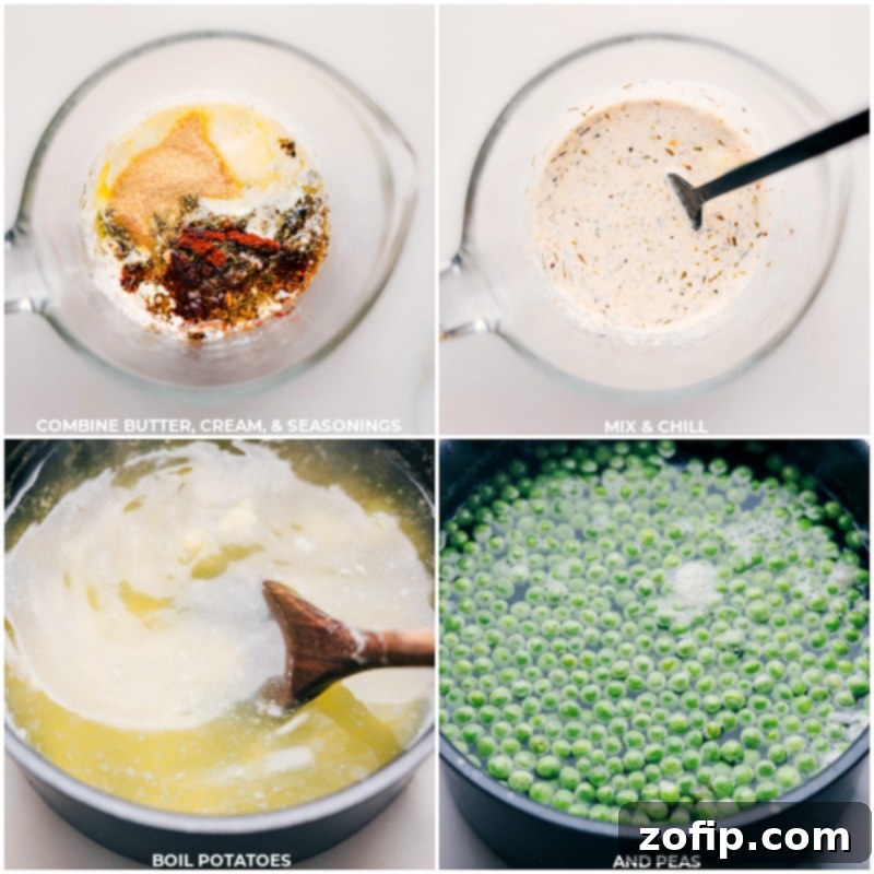 Process shots: images of the cream sauce being prepared, followed by potatoes being boiled and peas added