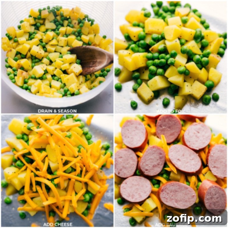 Process shots of Creamy Sausage and Potato Foil Packs: images of potatoes and peas being drained, then layered into foil packs