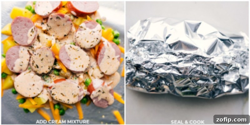 Process shots: cream mixture being added to foil packs, then sealed and prepped for cooking