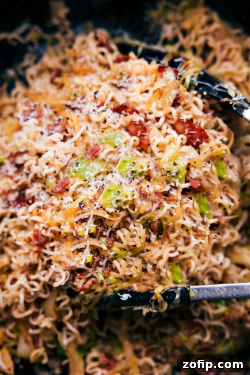 Overhead shot of Fried Cabbage Ramen, showcasing its rich textures and inviting colors