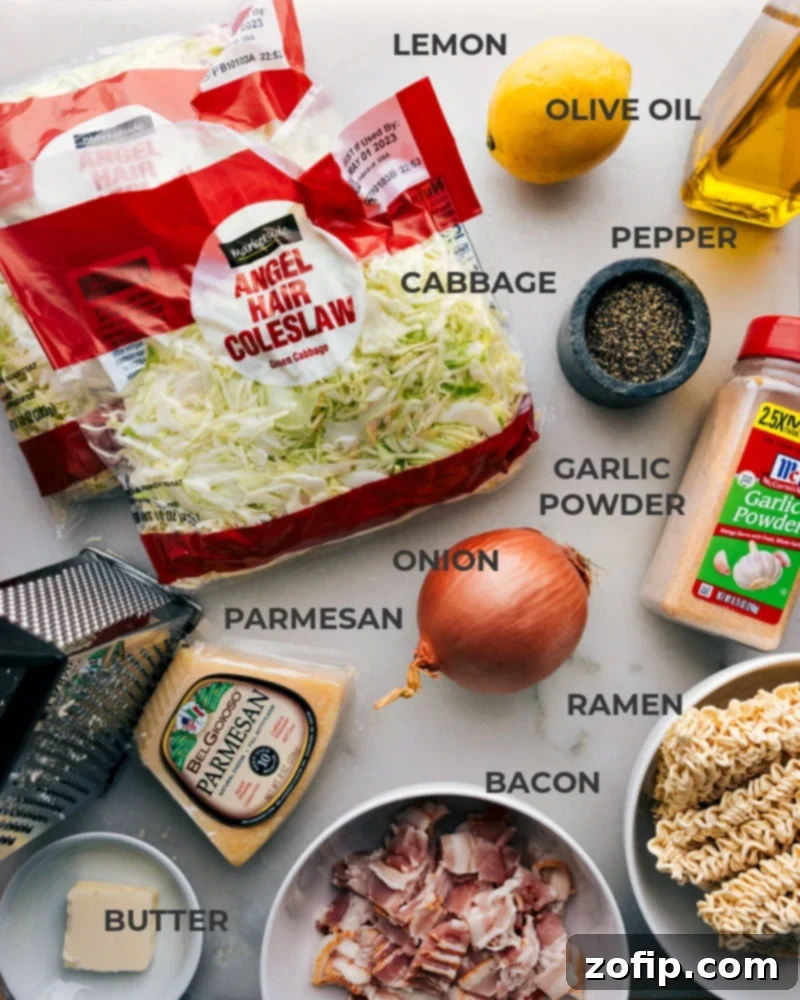 A vibrant display of all fresh ingredients laid out for the Fried Cabbage Ramen recipe