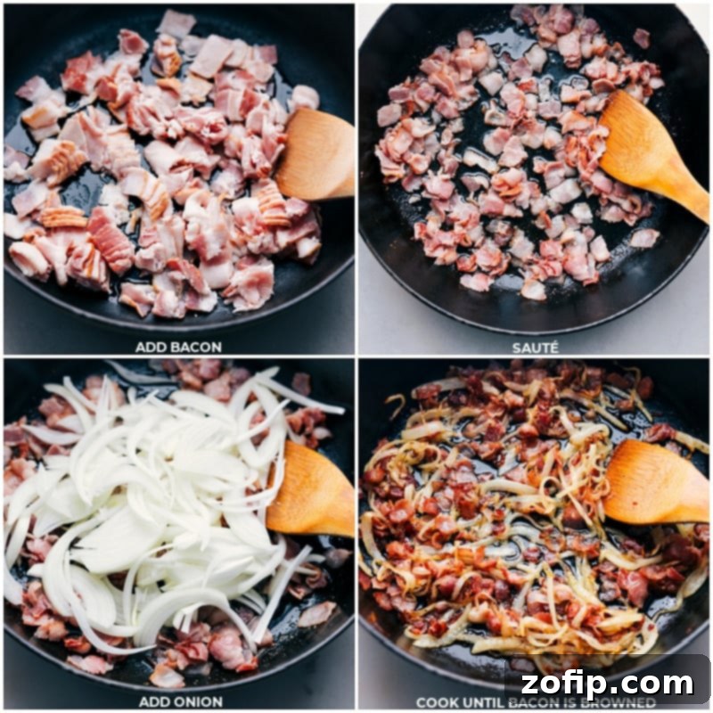 Step-by-step images showing bacon being cooked until crispy, followed by sliced onions added to the skillet