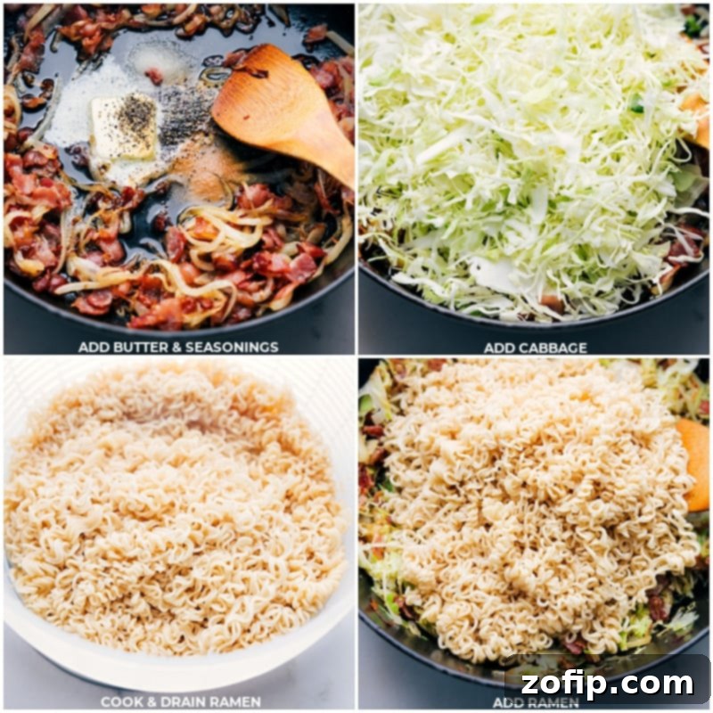 Process images showing tender cabbage being added to the skillet, followed by cooked ramen noodles being incorporated