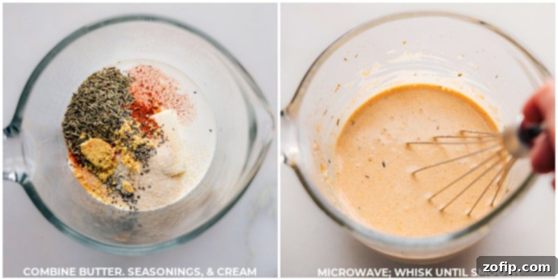 Process images showing the ingredients for the creamy sauce being combined in a bowl, highlighting the rich texture and simplicity of preparation.