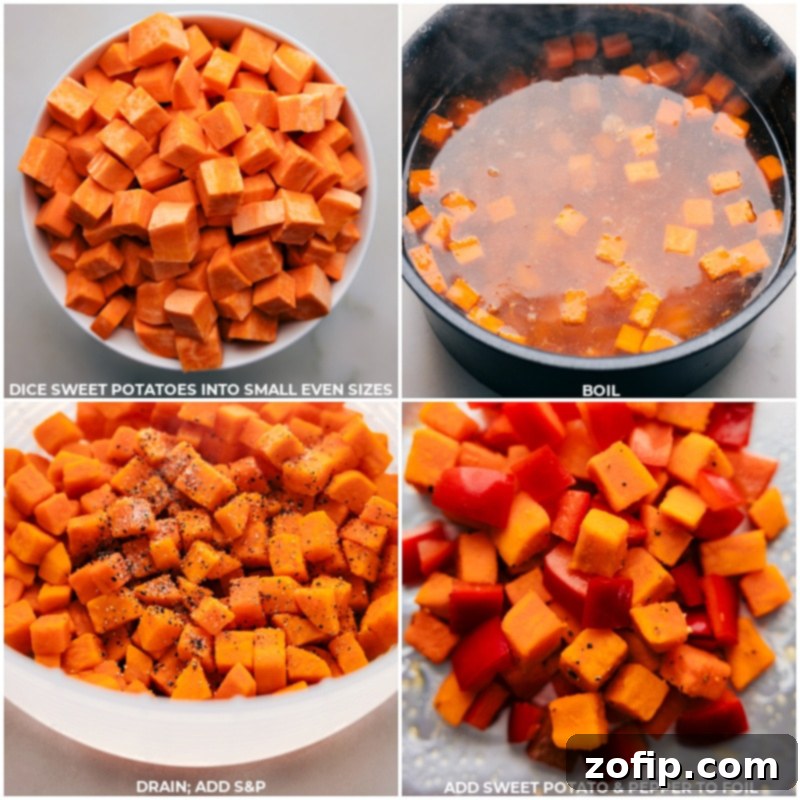 Process images of preparing Creamy Sweet Potato and Sausage Foil Packs: boiling sweet potatoes for tenderness, then layering them with red bell peppers into foil packets.