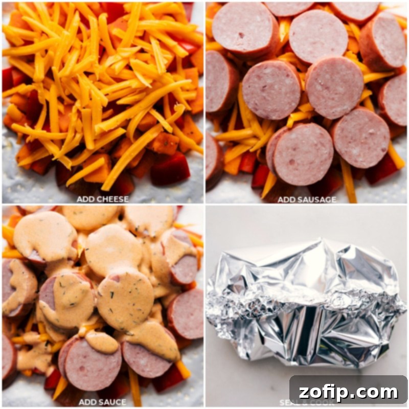 Process images showing the remaining ingredients, including smoked sausage and creamy sauce, being layered into the foil packets before sealing them tightly for cooking.