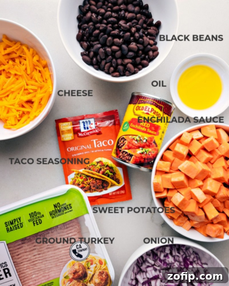 A collage of all fresh ingredients laid out for Taco Sweet Potato Foil Packets, including diced sweet potatoes, ground turkey, onions, black beans, cheese, and taco seasoning.
