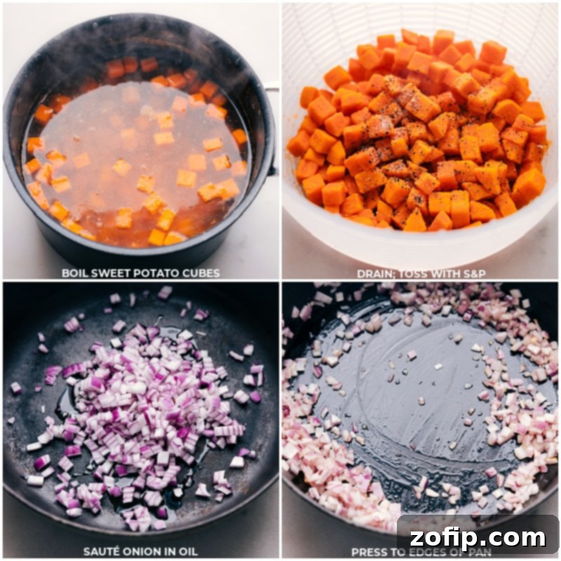 Process shots of Taco Sweet Potato Foil Packets showing sweet potato cubes being par-boiled and then diced red onions being sautéed in a pan.