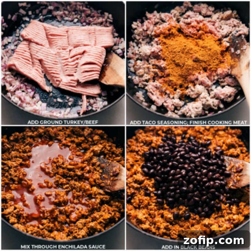 Process shots of Taco Sweet Potato Foil Packets showing ground meat being browned, followed by taco seasonings, enchilada sauce, and black beans being mixed in.