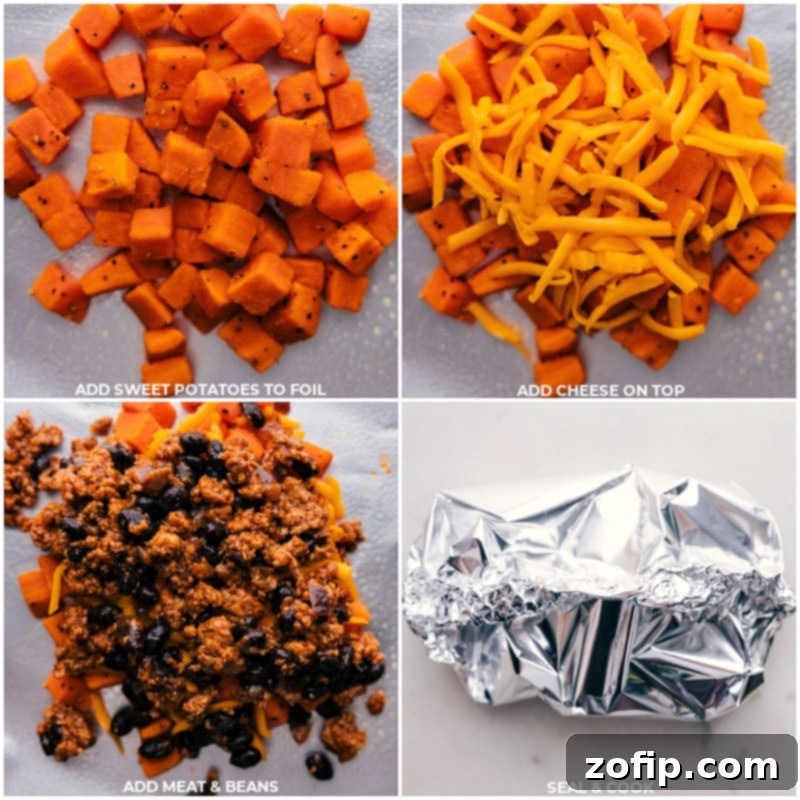 Foil packets being carefully layered with ingredients and sealed, ready for cooking.