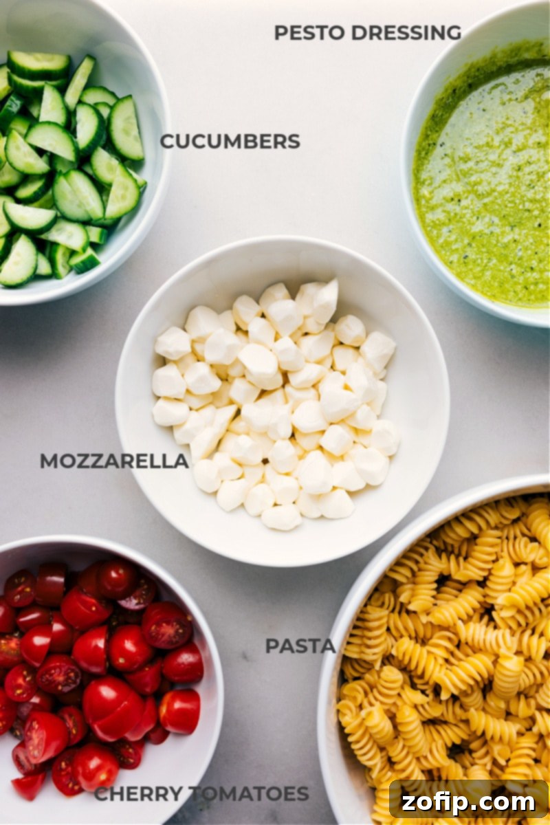 A flat lay photograph showcasing all the fresh ingredients needed for the Pesto Pasta Salad: rotini pasta, cherry tomatoes, cucumbers, mozzarella pearls, fresh basil, and components for the creamy pesto dressing.