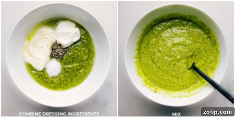 A sequence of process images showing the individual ingredients for the pesto pasta salad dressing being measured and then whisked together in a bowl.