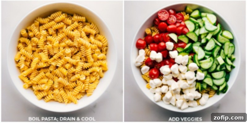 Process images illustrating the combination of cooked rotini pasta, halved cherry tomatoes, sliced cucumbers, and mozzarella pearls in a large mixing bowl, ready for the dressing.