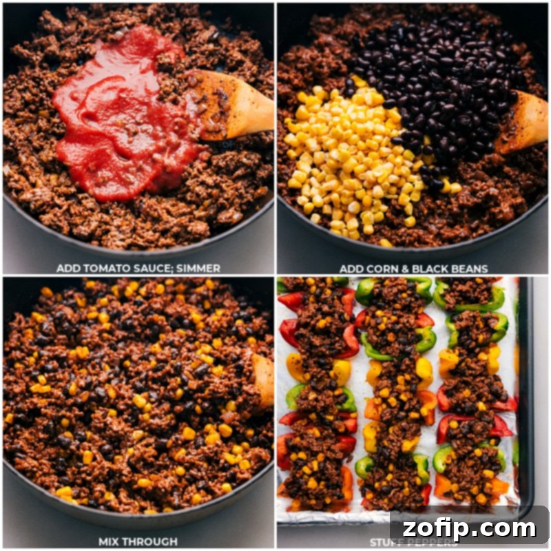 Process shots showing the ground beef mixture simmering with rich tomato sauce, followed by the addition of corn and black beans, preparing the savory and flavorful topping for Bell Pepper Nachos.