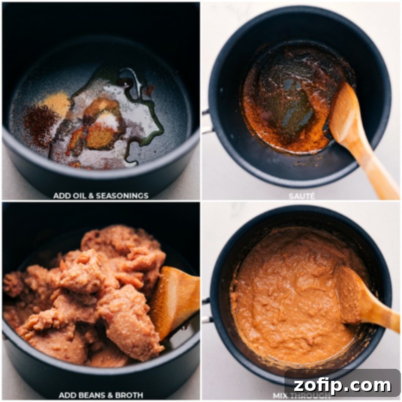 Step-by-step process of sautéing spices in olive oil, then adding refried beans and chicken broth to create a smooth filling.