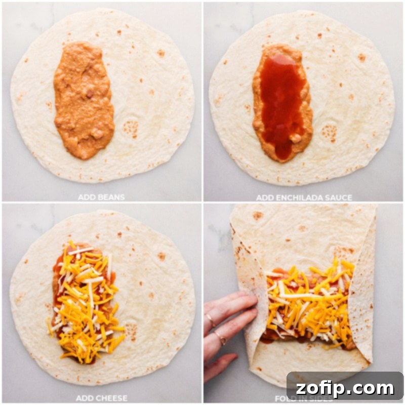 Visual steps of layering refried beans, red enchilada sauce, and shredded cheddar cheese onto a flour tortilla.